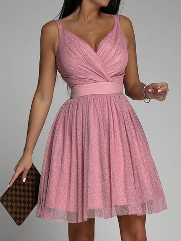 Woochic courte robe tulle brillante paillette avec ceinture trapèze fines bretelles de cocktail Rose S